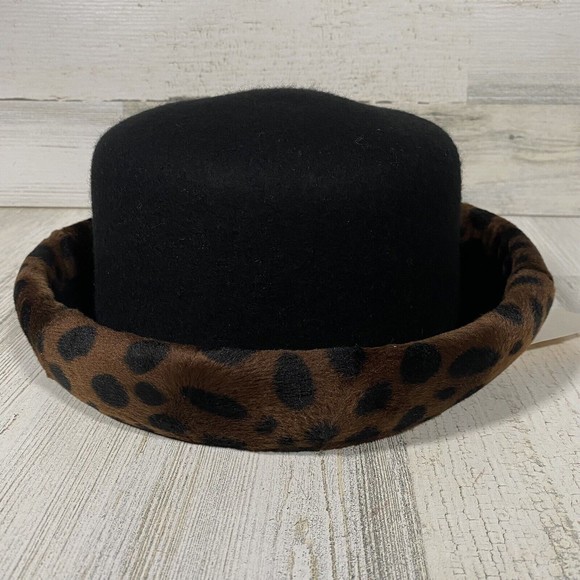 Vintage Wards Black 100% Wool Fedora Hat Cheetah Print Roll Up Trim Brand New - Picture 2 of 5